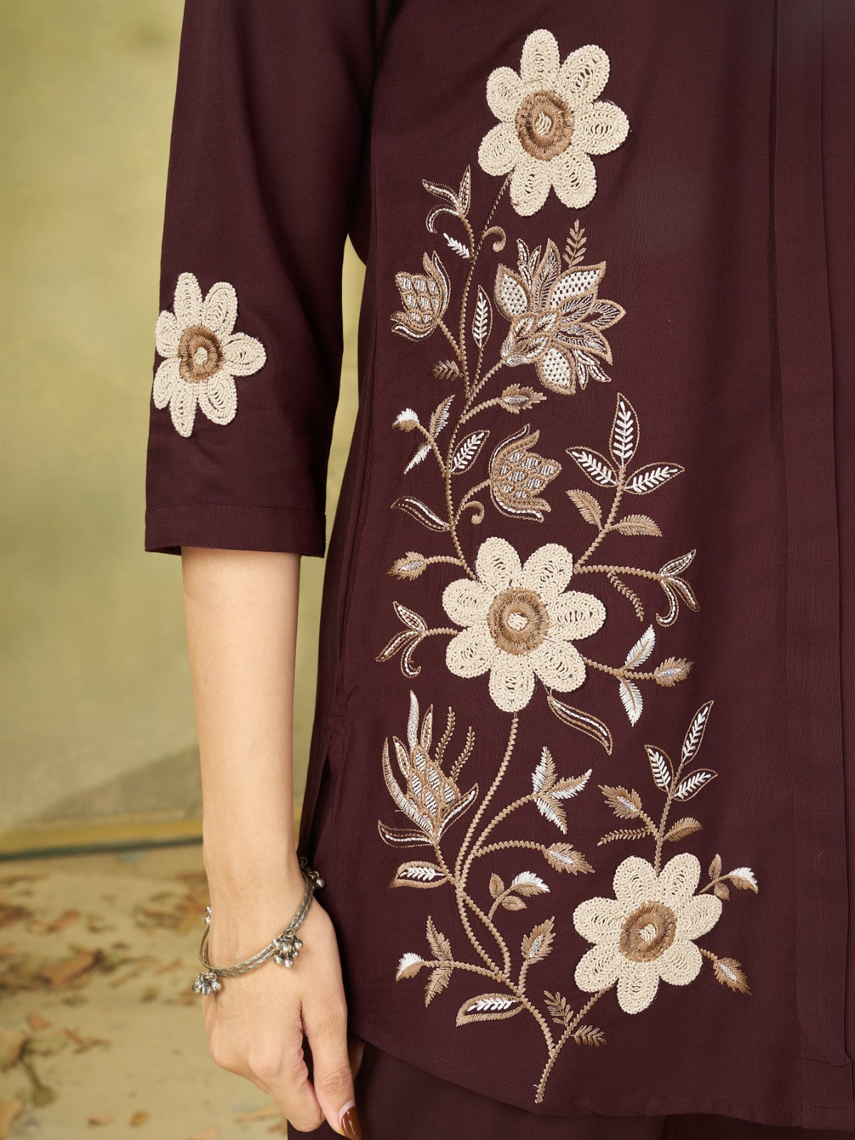 Wine Brown Floral Embroidered Kurta Pant Co-Ord Set