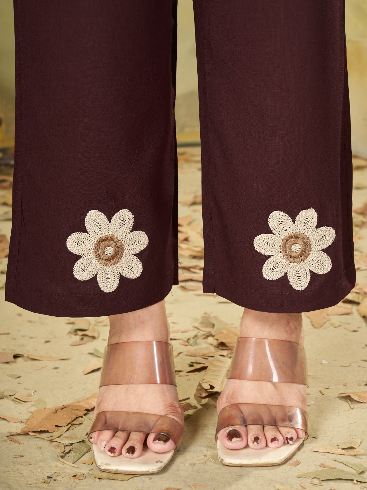 Wine Brown Floral Embroidered Kurta Pant Co-Ord Set