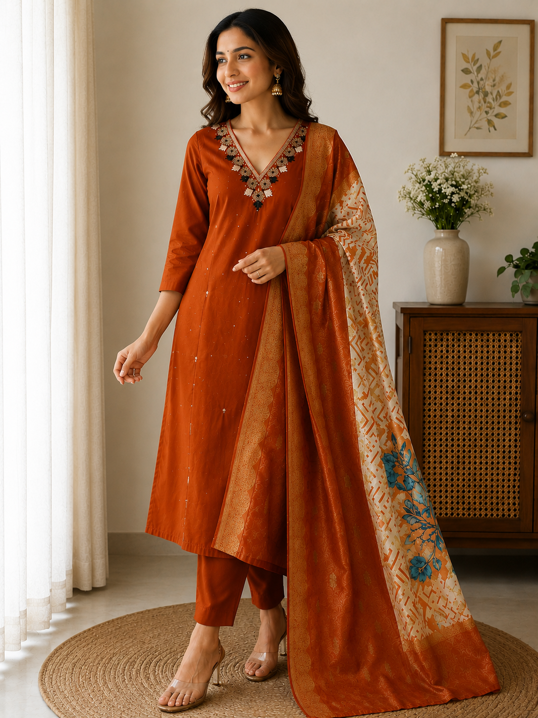 Burnt Orange Embroidered Kurta Set with Designer Printed Dupatta