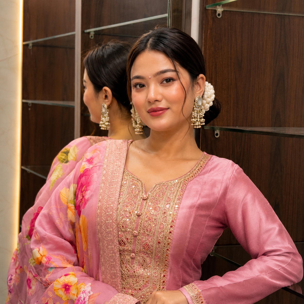 Blush Pink Anarkali Suit Set with Floral Dupatta