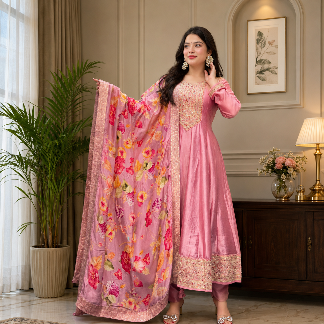 Blush Pink Anarkali Suit Set with Floral Dupatta