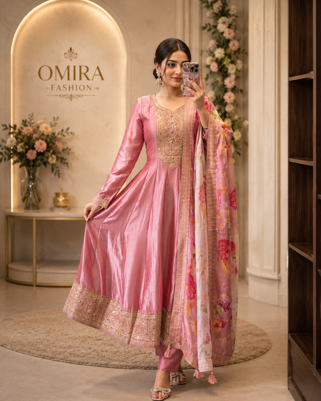 Blush Pink Anarkali Suit Set with Floral Dupatta