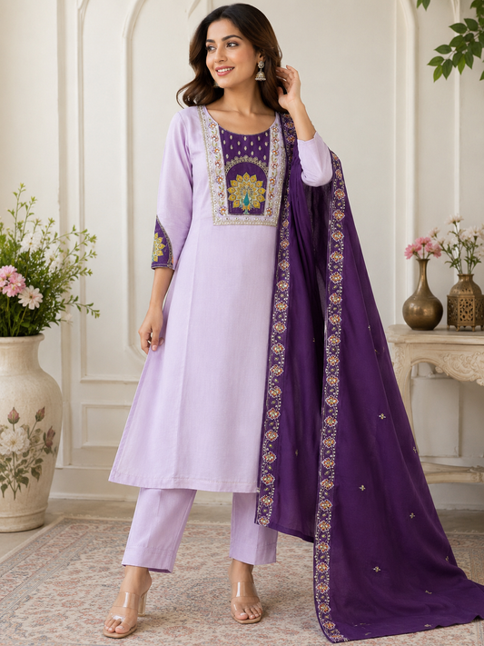 Elegant Lavender Kurta Pant Set with Embroidered Purple Dupatta